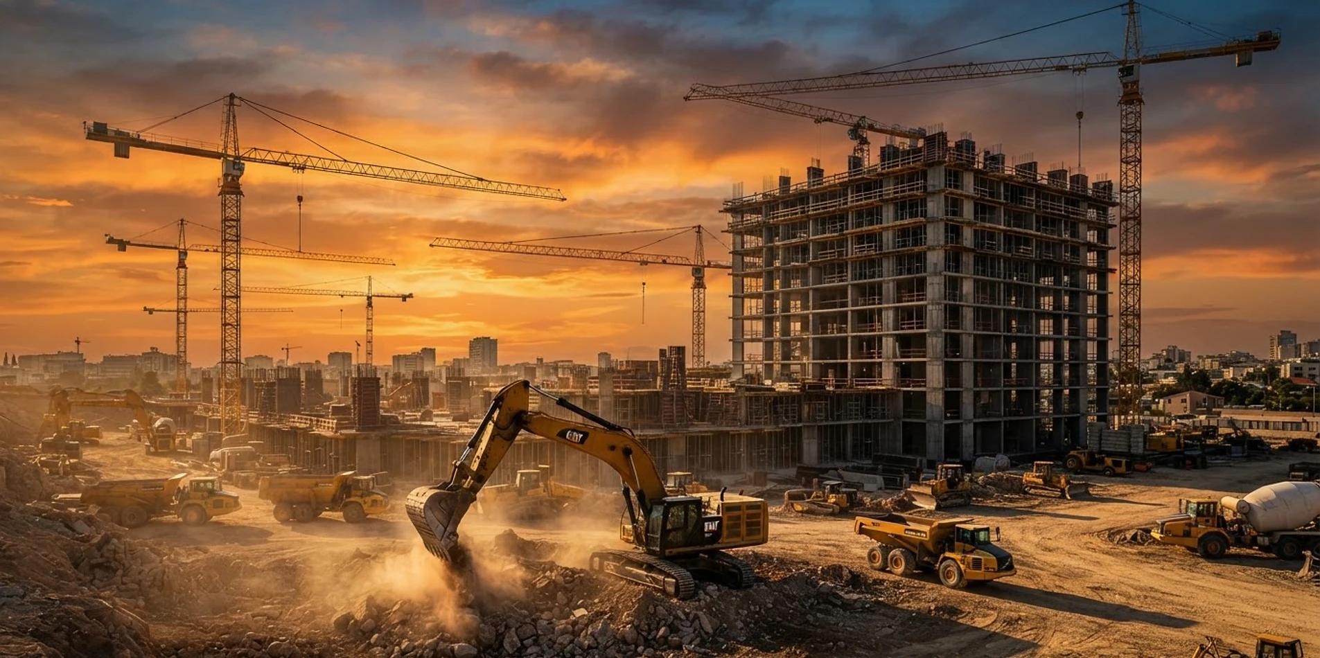 Massive construction site at golden hour